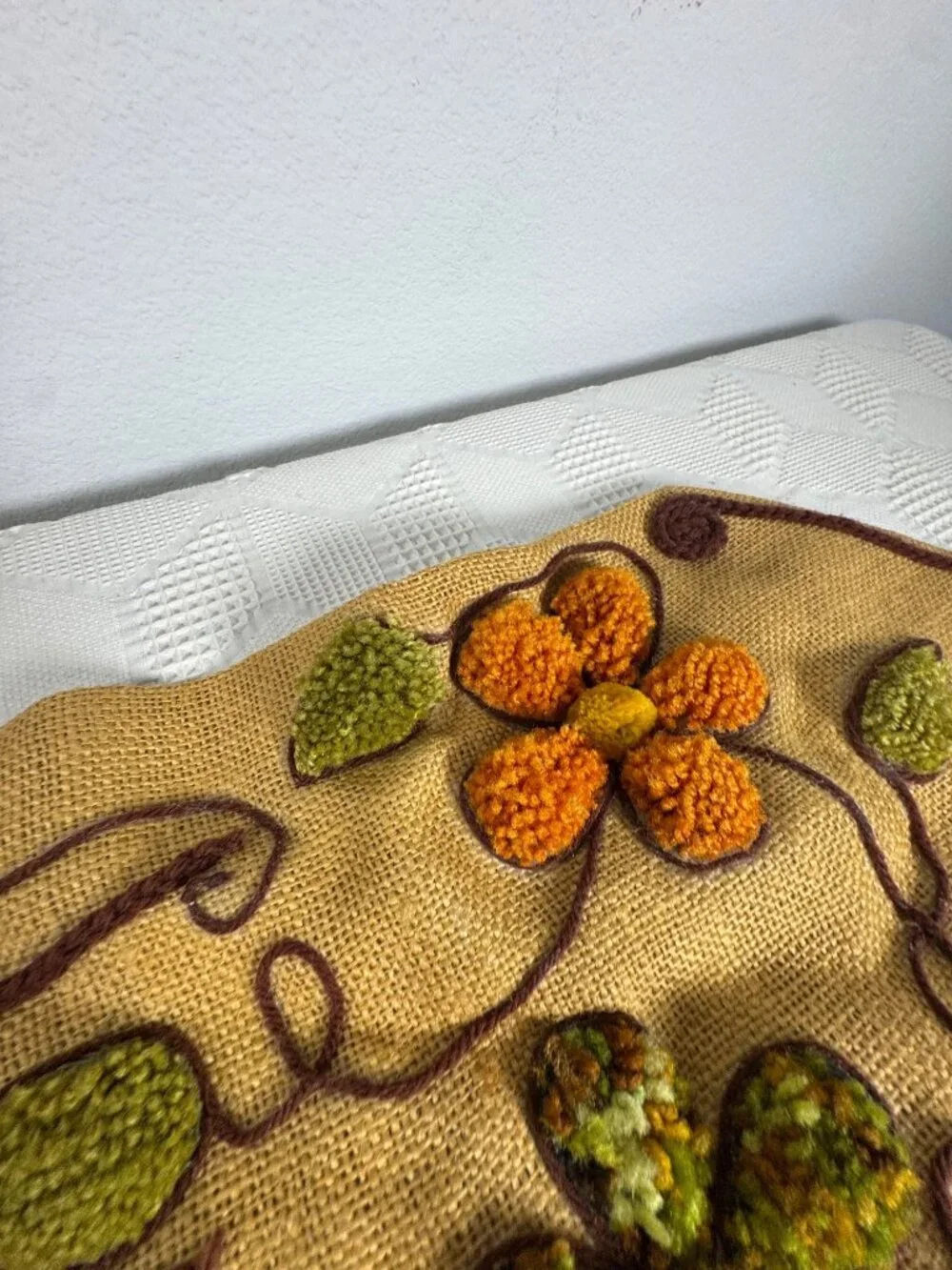 Handcrafted Burlap Yarn Wall Hanging w Windmill Floral Design 1970s Vintage